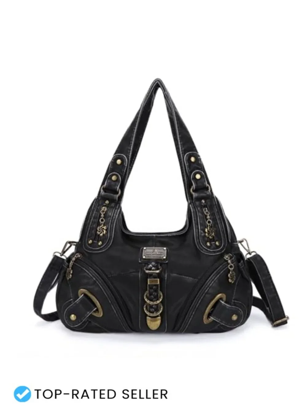 Washed PU Leather Hobo Satchel Handbag with Silver Hardware, Large Shoulder Bag